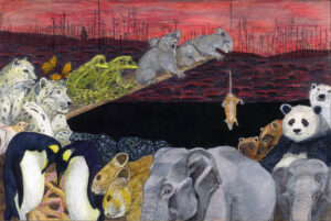 Painting of animals lining up in twos up a ramp with a rat falling off