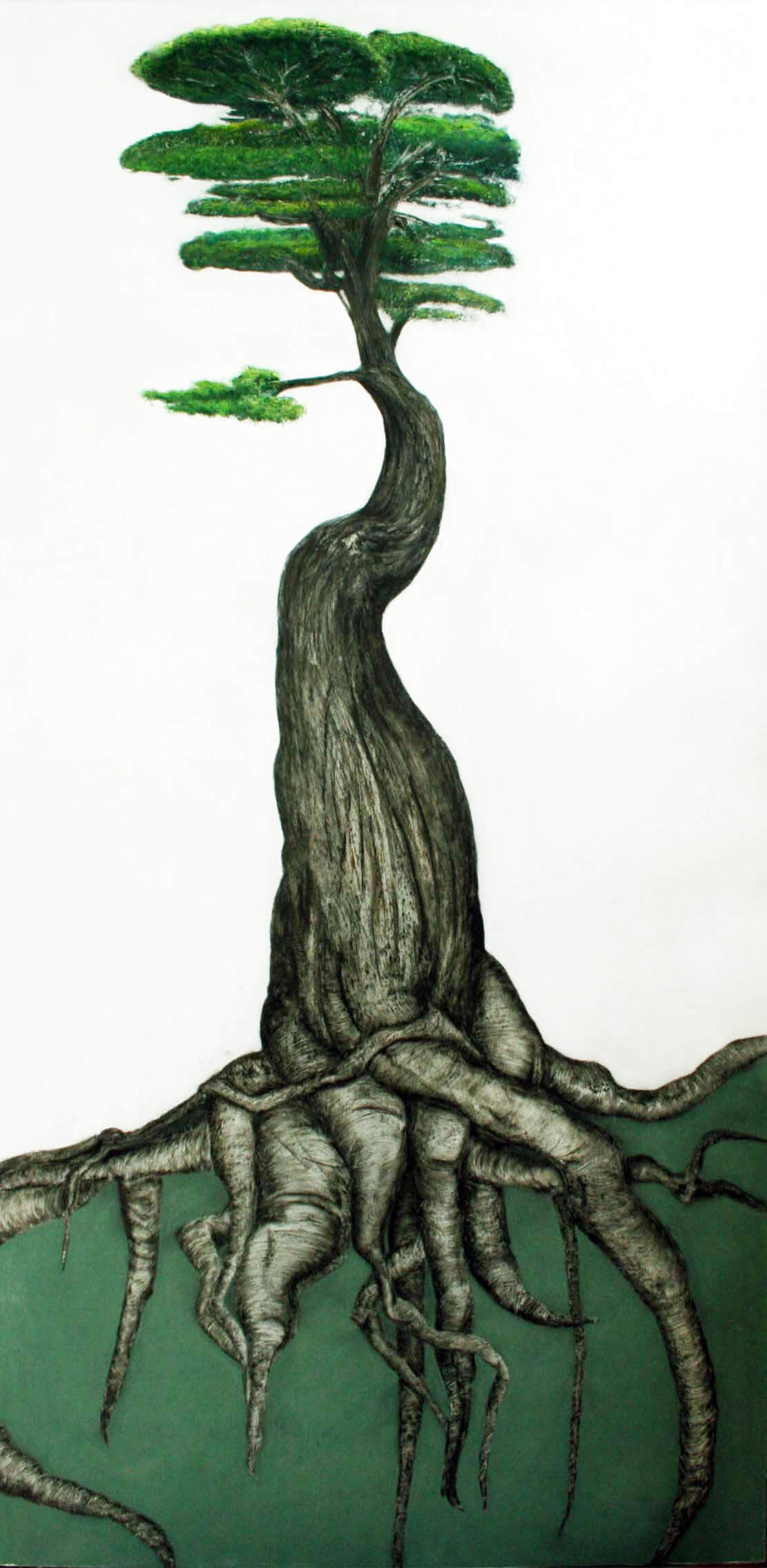 Interpretive artwork of a tree with roots in green
