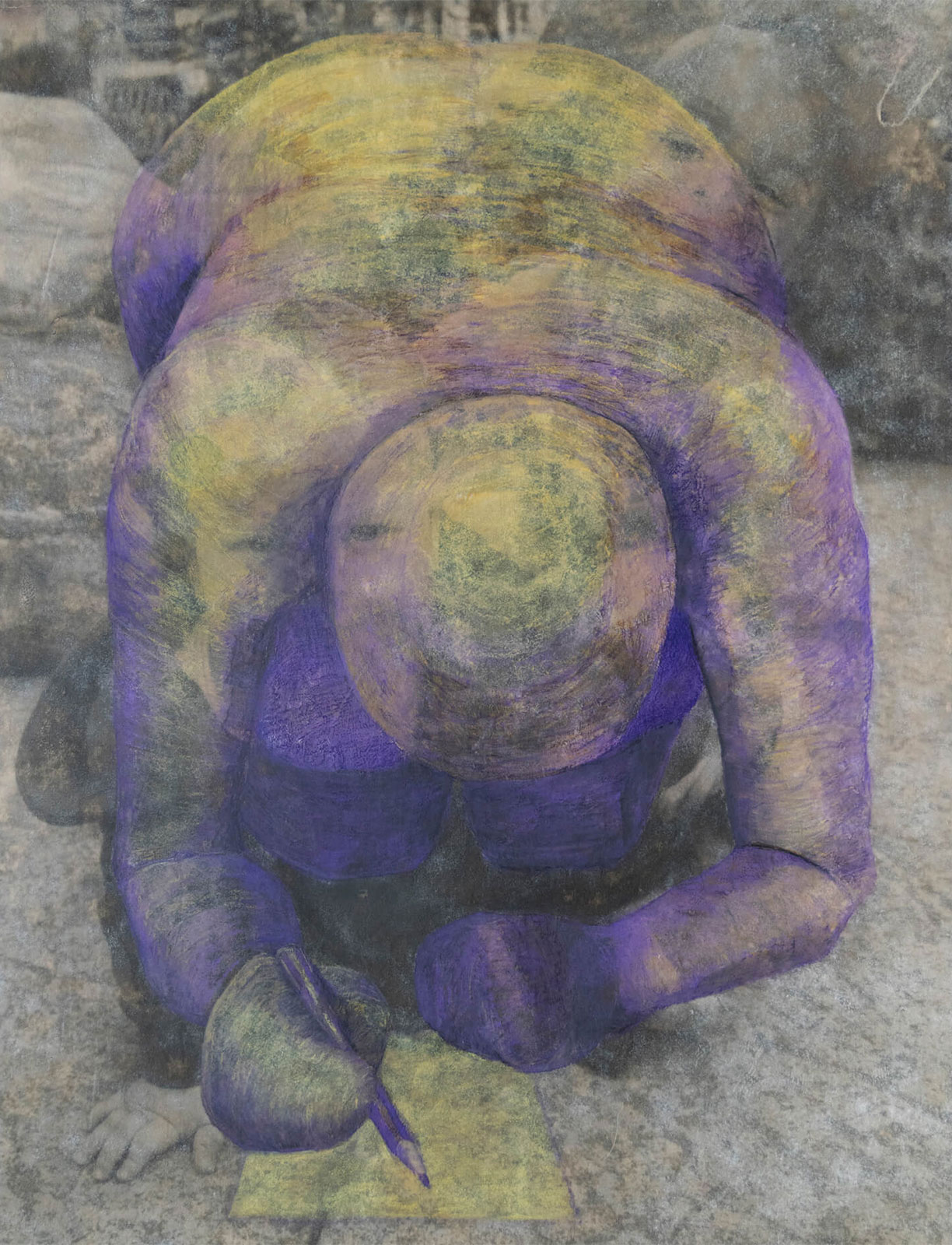 Abstract figure bent over writing on something on the floor in purples, yellows, and greys